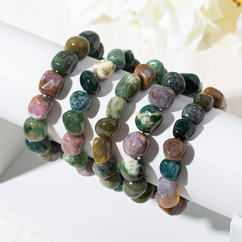 Verdant Moss Agate Tumbled Crystal Beaded Bracelets