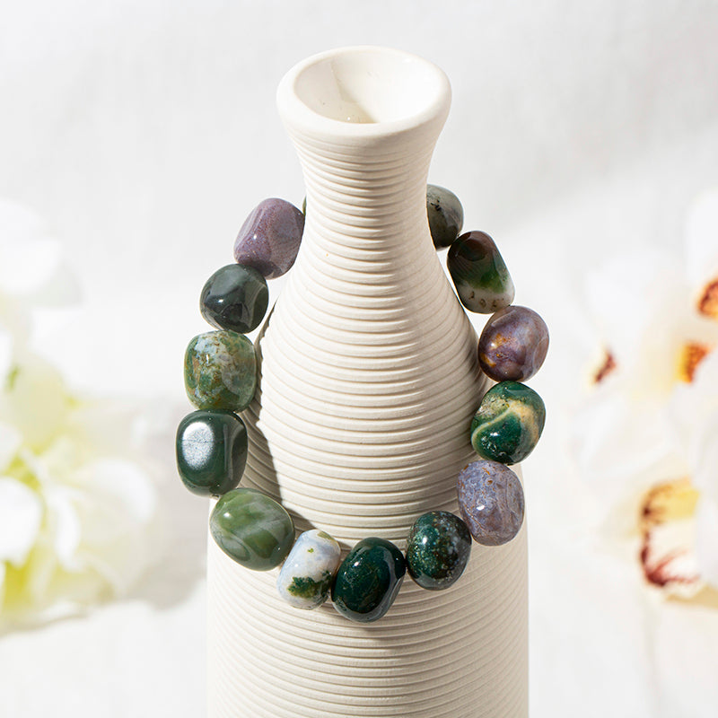 Verdant Moss Agate Tumbled Crystal Beaded Bracelets