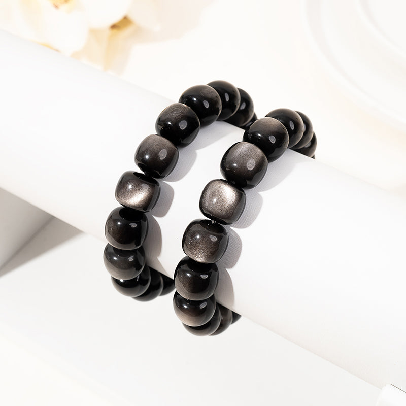 Natural Silver Obsidian Smooth Rondelle Crystal Beads Bracelet