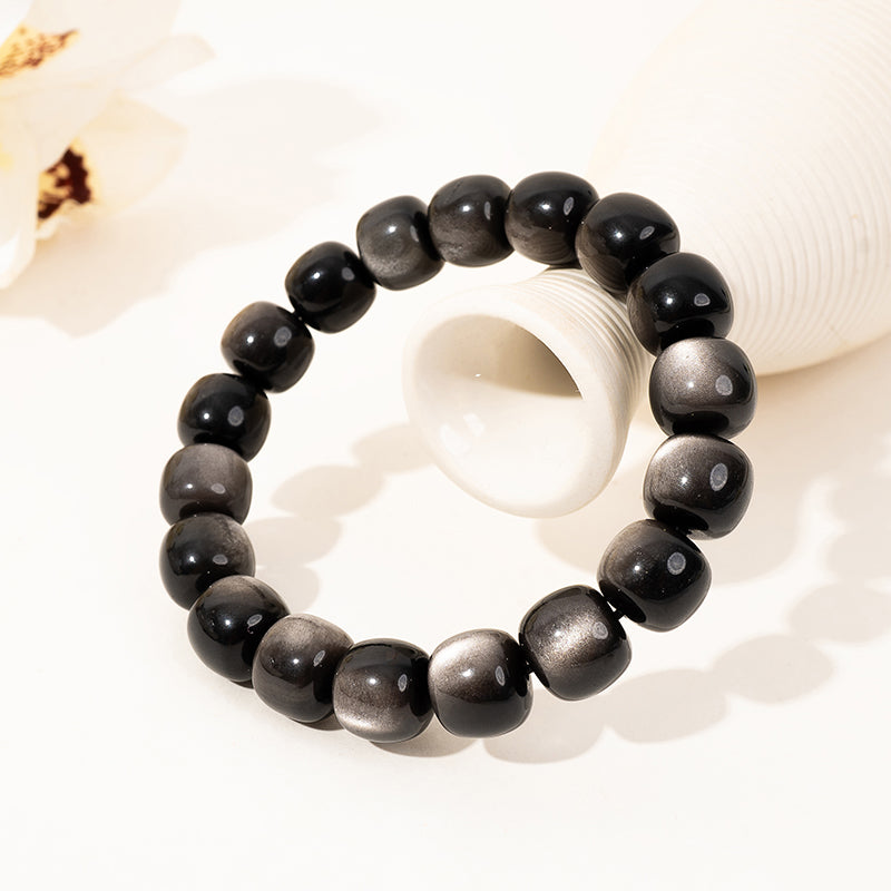 Natural Silver Obsidian Smooth Rondelle Crystal Beads Bracelet